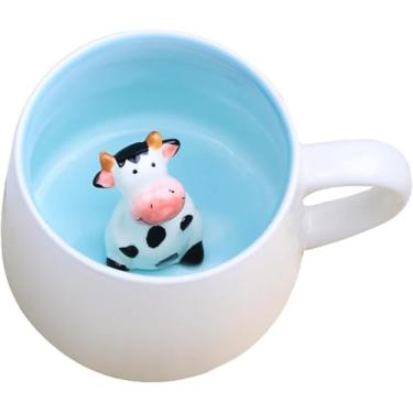 Imagem de Caneca fofa 3D animal cerâmica café xícara de chá com alça, estatueta de animal feita à mão copo de cerâmica para café, chá, vaca leiteira