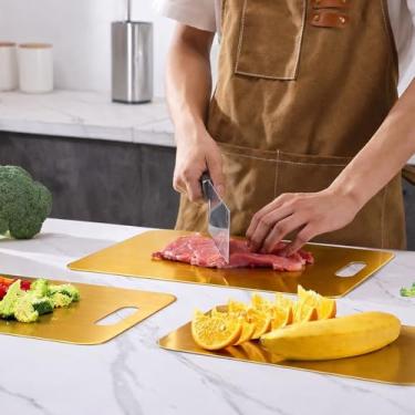 Imagem de Tábua de corte de aço inoxidável 304, corte de metal engrossado para cozinha, alimentos frente e verso para carne, legumes, massa de frutas e tábua de preparo para assar médio dourado 4
