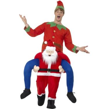 Imagem de Smiffys Fantasia de Papai Noel, terno vermelho de uma peça com pernas falsas, vestido chique de Natal para adultos, fantasias de Papai Noel