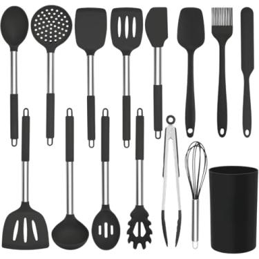 Imagem de Kit Utensílios de Cozinha em Silicone com Cabo de Aço Inox – Espátula, Colher e Pegador – Conjunto 9 ou 15 Peças(Preto 15 Peças)