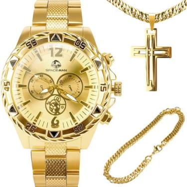 Imagem de Kit Presente Masculino Relógio Analógico Aço Inox Banhado a Ouro com C