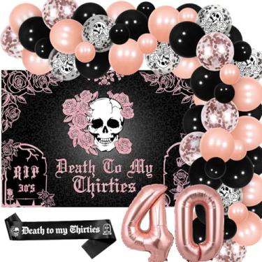 Imagem de Funmemoir Rip 30s Birthday Decorations Rose Gold and Black - Balloon Garland Arch Kit with Death to My Thirties Backdrop, Sash, Foil Balloons for Gothic Funeral for My Youth 40th Birthday Party