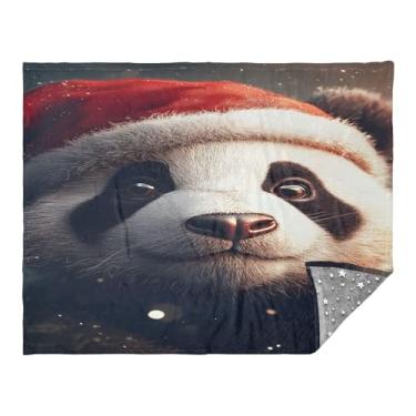 Imagem de CEBUGI Cobertor de flanela quente macio 127 x 178 cm para sofá, cama, escritório, acampamento, viagem, panda usando um chapéu de Natal 1 manta para todas as estações