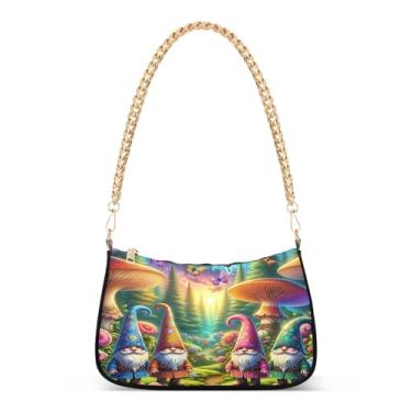Imagem de Bolsa de ombro com corrente de flores florestais de gnomos de desenhos animados, bolsa de mão artística colorida para mulheres, linda bolsa média para uso diário e festa