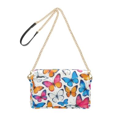 Imagem de Joitme Bolsa feminina tiracolo bolsa para celular linda bolsa de ombro de couro PU com alça de corrente borboletas vibrantes coloridas brancas