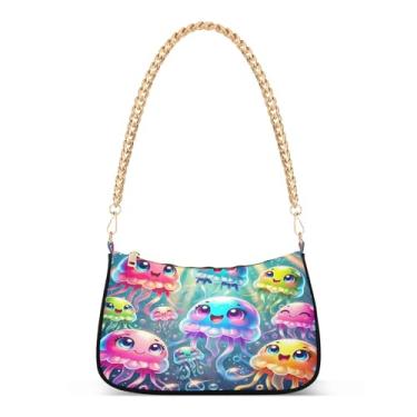 Imagem de Bolsa de ombro colorida com corrente de água-viva de desenho animado, bolsa Hobo média fofa para mulheres, bolsa moderna com estampa artística para uso diário ou festa