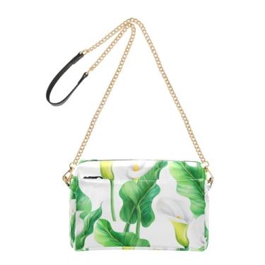 Imagem de Bolsa feminina transversal branca lírios calla folhas verdes bolsa para celular bolsa de couro PU bolsa de ombro com alça de corrente
