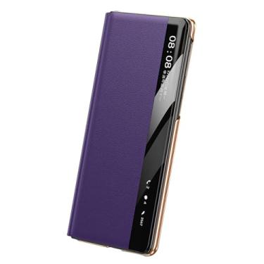 Imagem de LTLMYDAM Capa de couro genuíno para Huawei Mate X7, capa flip chapeamento Smart View luxo fecho magnético cobertura completa, roxo, X7