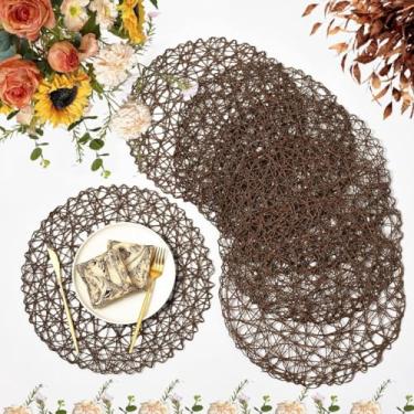 Imagem de IcosaMro Jogo americano de tecido redondo conjunto de 12 para mesa de jantar, 38 cm de papel boho decorativo círculo, tapetes para casamento, Natal, Dia de Ação de Graças, jantar de férias (marrom