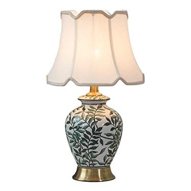 Imagem de Abajur de mesa grande em cerâmica com cúpula combinando - Abajur moderno para quarto, mesa de cabeceira, escritório ou home office, estilo Art Déco, com pintura em formato de jarro de gengib