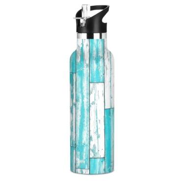 Imagem de Joisal Garrafa de água esportiva isolada para adolescentes, tábuas de madeira pintadas com turquesa, 590 ml, à prova de vazamento, sem BPA, copos infantis de aço inoxidável com tampa de canudo