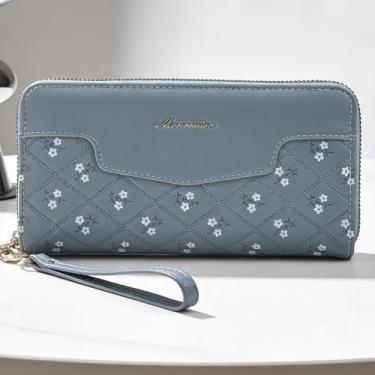 Imagem de Carteira feminina, elegante bolsa de couro longa com zíper duplo, carteira minimalista elegante de grande capacidade com bloqueio RFID e fecho seguro (azul)