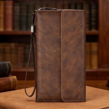 Imagem de Carteira masculina moderna marrom escuro com fivela vertical de microfibra resistente à água, design vertical moderno com fivela, microfibra de grão cruzado e revestimento resistente à água