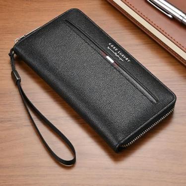 Imagem de Carteira leve de couro genuíno universal moderna preta com alça portátil de grão cruzado, design moderno preto portátil com alça, textura cruzada, sensação de couro, leve