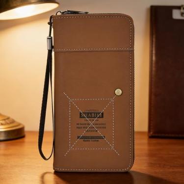 Imagem de Carteira masculina de negócios, marrom escuro, fivela curta, padrão de tecido, couro liso de grande capacidade, design curto marrom escuro com fivela, padrão de tecido, couro liso