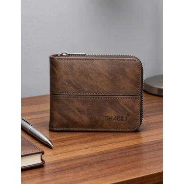Imagem de Carteira masculina de couro curta com zíper, organizador de estilo comercial com zíper (café escuro)
