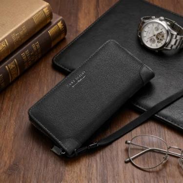 Imagem de Carteira masculina retrô preta com vários compartimentos, padrão de tecido, de couro macio, ultrafina, design retrô de vários compartimentos com fivela, padrão de tecido, couro liso, ultrafino