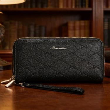 Imagem de Carteira feminina popular de couro com zíper duplo, organizador de cartões de grande capacidade premium e carteira com bloqueio RFID (preto)