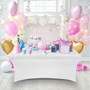 Imagem de Toalha de mesa retangular de elastano justa lavável e resistente a vincos para eventos, casamentos, banquetes e festas (1,8 m, branca)