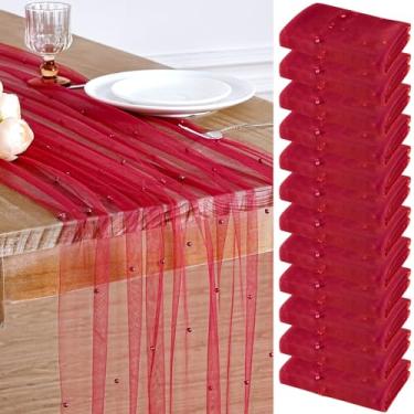 Imagem de LuoluoHouse Caminho de mesa de tule tecido pérola: véu de Natal vermelho sobremesa chiffon pérola renda boho 12 peças sobreposição corredor de casamento decorações de festa doilies