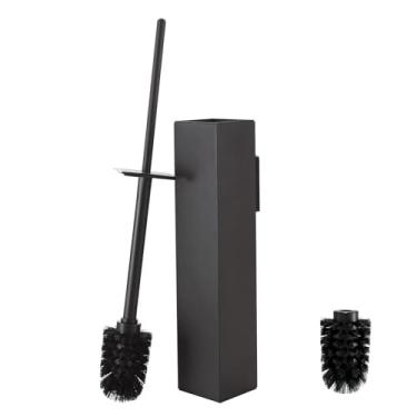 Imagem de Escova de vaso sanitário e suporte de chão, preta com 2 cabeças substituíveis, escova de vaso sanitário de banheiro, escova de vaso sanitário independente com forro removível e protetor contra