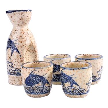 Imagem de Conjunto tradicional japonês de 5 peças de saquê de cerâmica com pote de servir e 4 copos de bebida, estilo retrô (YL)