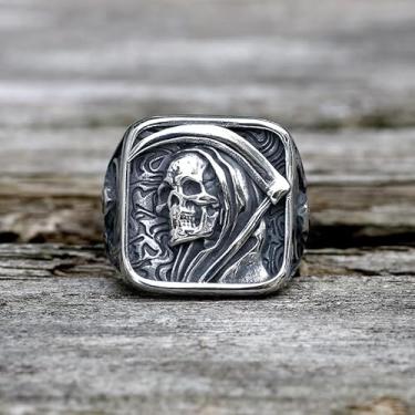 Imagem de Anel quadrado de aço inoxidável com caveira de ceifador vintage – Joias góticas para homens e mulheres, anel durável para uso diário ou ocasiões especiais, Aço inoxidável, Sem pedra preciosa