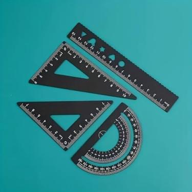 Imagem de 1 conjunto de 4 peças de kit de desenho de liga de alumínio espesso com caixa de armazenamento para escritório, desenho, conjunto de réguas de medição de estudantes (preto)