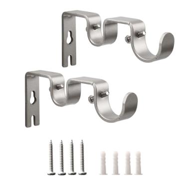 Imagem de Shonmogar Suporte de varão de cortina duplo, pacote com 2 suportes de varão de cortina de metal para parede, suporte de cortina resistente para varão de cortina de 2,5 cm, ganchos prateados para