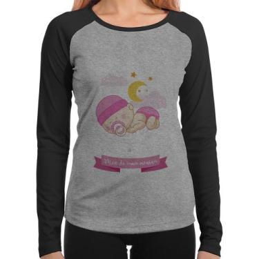 Imagem de Baby Look Raglan Mãe de uma menina Manga Longa - Foca na Moda, Cinza, 