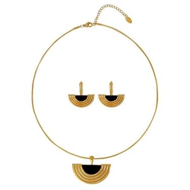 Imagem de Mermerland Conjunto de brincos gargantilha com pingente de leque egípcio clássico, banhado a ouro de titânio com acrílico