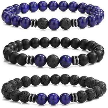 Imagem de Conjunto de 3 pulseiras de pedras elásticas com contas para mulheres, homens, casais, pulseira combinando olho de tigre vulcânica pedra obsidiana cristal preto joias de aniversário presentes para ele