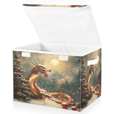 Imagem de Blueangle Cestos de armazenamento de dragão de Natal com tampas, 42 x 32 x 30 cm, grande cesta organizadora dobrável para decoração de casa e escritório (289)