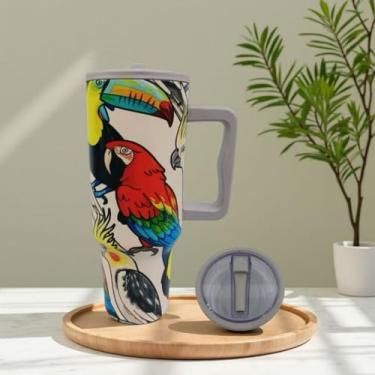 Imagem de Copo Térmico Birds 1200ml | Com 5 Estampas, Canudo e Alça – Garrafa Térmica para Academia e(BEGE G,49)