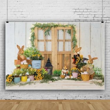 Imagem de XMJJKUF Pano de fundo de Páscoa, 3 x 2,4 m, coelhinho, flores, jardim, vintage, madeira, porta de celeiro, ovos de Páscoa, fundo para chá de bebê, decoração de festa de Páscoa, adereços para cabine de