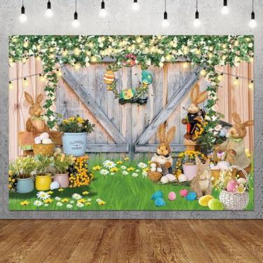 Imagem de MQCGLJ Pano de fundo fotográfico para porta de celeiro de Páscoa, cordão de lanterna, ovos de coelho, feliz Páscoa, chá de bebê, festival, festa, tema de foto de poliéster (18 x 14 cm)