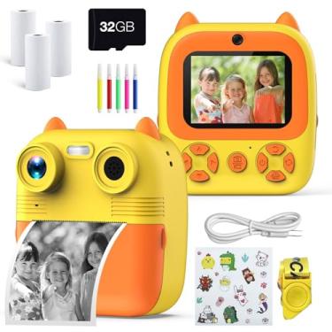 Imagem de Câmera Instantânea Infantil Digital com Lentes Duas 1080P Tela de 2 8 Polegadas Cartão SD 32G 3 Rolos Impressão Imagem Vídeo Conexão Celular Jogos Integrados Capa Plástico ABS