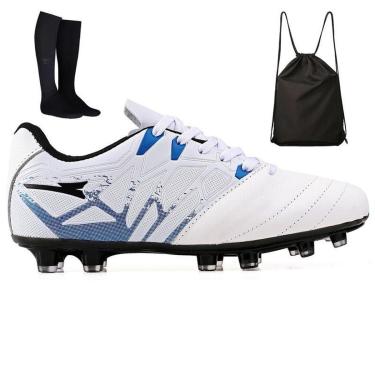 Imagem de Kit Chuteira Futebol Campo Bico de Couro Gramado Natural Trava + Mochila + Meião Adulto-Unissex