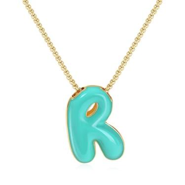 Imagem de KissYan Colar com letras de bolha, banhado a ouro 14 K, pingente de caixa com inicial de balão colorido, joia delicada para presente, Adjustable, Cobre, Sem Pedra Preciosa