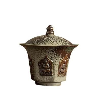 Imagem de Conjunto de chá de cerâmica, 1 tigela para fazer chá, 2 xícaras. Tamanho da tigela de preparação de chá: 9 cm de comprimento * 9 cm de altura, capacidade: 156 g. Tamanho do copo: 5,6 cm de comprimento