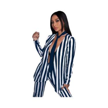 Imagem de Moda listrado manga longa casaco superior feminino casual solto terno 