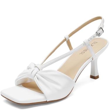 Imagem de SLXCHBSL Salto gatinho feminino – Sandálias de bico aberto quadrado com tira ajustável no tornozelo, salto baixo confortável de 6,7 cm, perfeito para casamentos, encontros, casual, escritório e festas