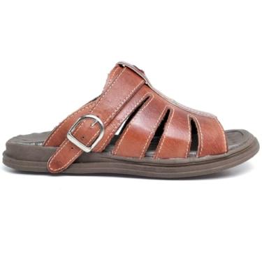 Imagem de Sandália Chinelo Masculina em Couro, Marrom, Tiras Ajustáveis com Fivelas, Sola Antiderrapante (BR, Adulto, Numérico, 44)