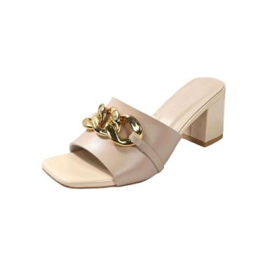 Imagem de Sandálias femininas confortáveis de salto alto com bico aberto de cor sólida para uso casual plus size., Bege, 36