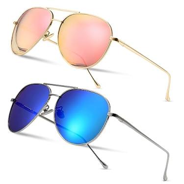 Imagem de SUNGAIT Óculos de sol aviador femininos leves e grandes - lentes polarizadas estilo clássico, Pacote com 2 (Polarizado): Rosa Dourado/Rosa Espelhado + Prata/Azul Oceano Espelhado, 60mm