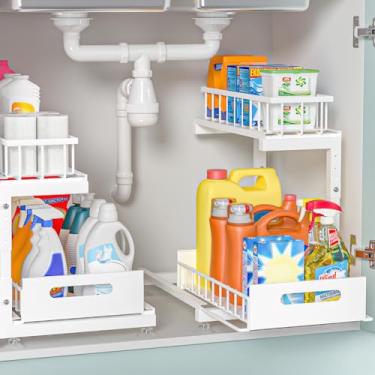 Imagem de Organizador sob a pia, prateleiras de metal premium de 2 camadas com altura ajustável, caixa deslizante resistente para armazenamento de armário de banheiro e cozinha, resistente à ferrugem, pacote