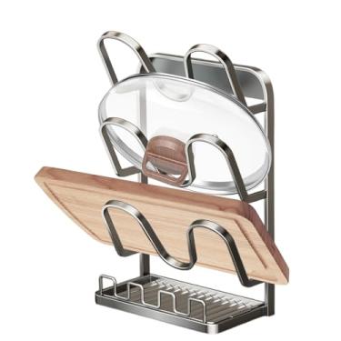 Imagem de Organizador de tampa de panela | com bandeja coletora que economiza espaço antiderrapante | Organizador de tampa de panela para armário | para utensílios de tábua de corte, armário de cozinha, bancada