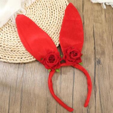 Imagem de Tiara De Orelha De Coelho Com Flor Rosa Vermelha E Margarida Para Mulh