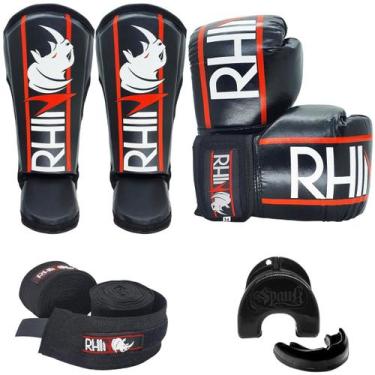 Imagem de Kit Muaythai Rhino 14oz - Luva Boxe + Caneleira + Bandagem + Bucal - S