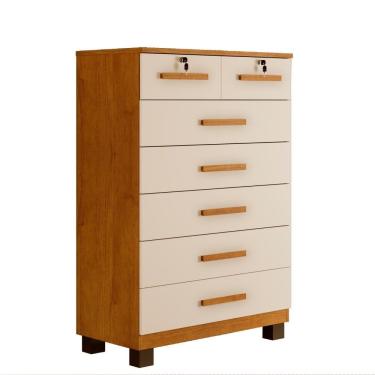 Imagem de Cômoda New Barcelona 7 Gavetas em MDP com Puxador Madeirado Off White Cinamomo para Quarto